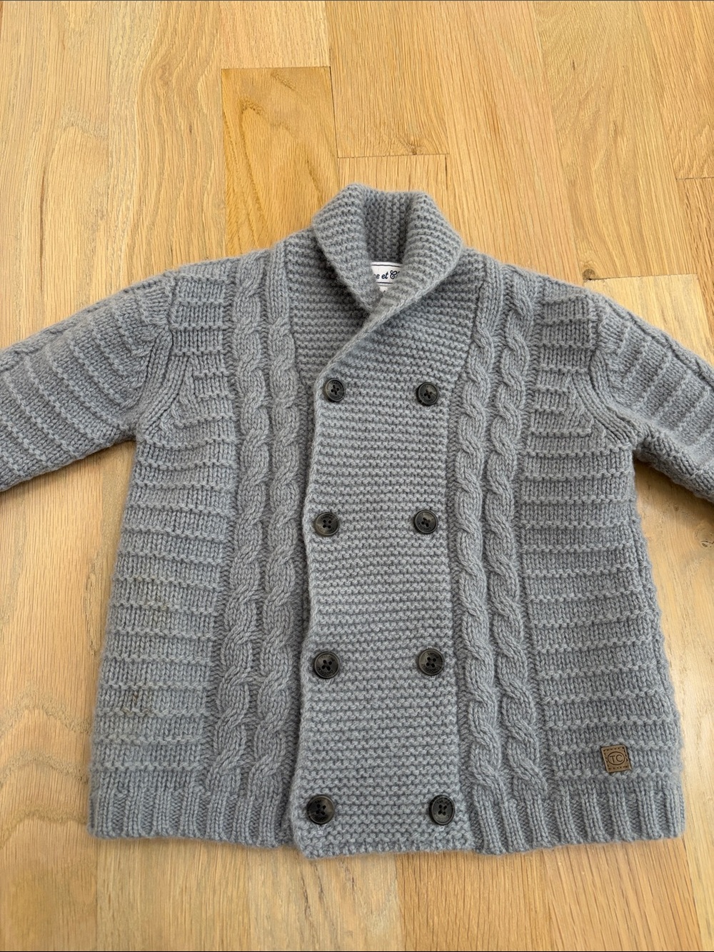 Tartine et Chocolat Dusty Blue Shawl Collar Cable Knit Sweater - Kids
